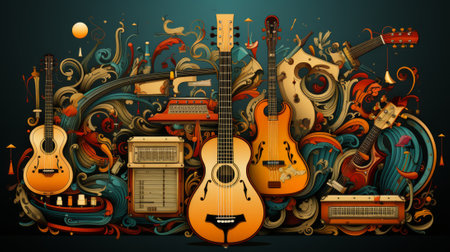 A mesmerizing masterpiece emerges from the canvas as a cello and guitar dance with vibrant swirls, showcasing the harmony between music and artの素材