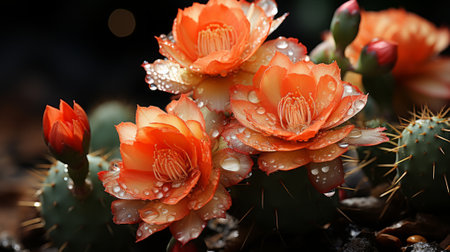 A vibrant cluster of succulent orange flowers glistening with dew in a desert landscape, embodying the resilience and beauty of natureの素材
