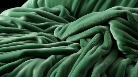A vibrant emerald blanket, delicately draped with creases, evoking a sense of comfort and serenityの素材