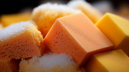 A delightful spread of orange and white sponges, resembling a scrumptious snack, adorns the sunny yellow walls of an inviting indoor spaceの素材