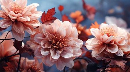 Vibrant petals burst forth from the annual chrysanthemums, a stunning display of nature's beauty captured in a close up of these blooming flowers in an outdoor settingの素材
