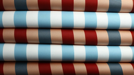 A vibrant array of textured textiles, each with its own unique pattern and striped design, neatly stacked to create a stunning display of color and styleの素材