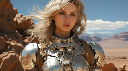 A fierce desert warrior gazes up at the endless sky, her human face hidden behind a metal armor as she stands strong against the harsh elements of the mountainous terrainの素材