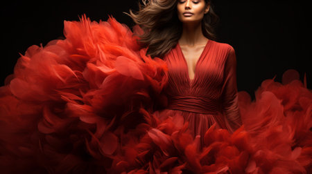 A stunning woman adorned in a fiery red dress exudes elegance and confidence as she stands before us, a true work of art brought to life through intricate costume and fashion designの素材