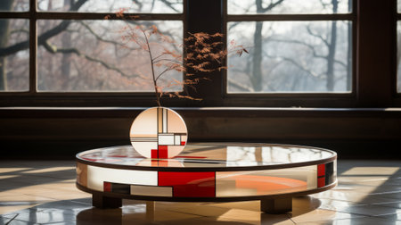 Bringing life and nature indoors, a beautiful vase with a lush plant sits atop a sleek coffee table, adding a touch of natural elegance to the modern interior design of the roomの素材