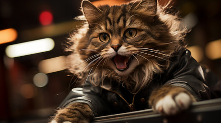 A stylish domestic cat donning a sleek leather jacket, showcasing its fierce feline fashion sense with a confident flairの素材