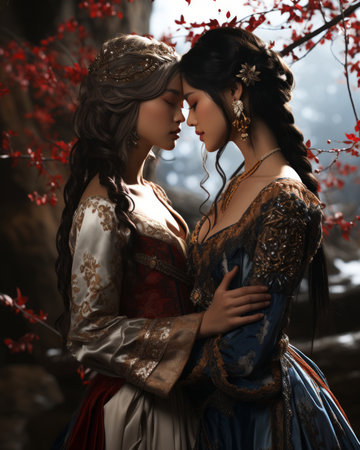 Two women embrace in a romantic kiss, their flowing gowns and delicate flower accessories adding to the beauty of their outdoor wedding ceremonyの素材