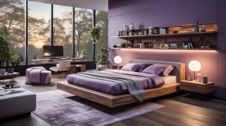 Inviting and cozy, this bedroom features vibrant purple walls, a large window for natural light, and stylish furniture including a cushioned couch and throw pillowsの素材