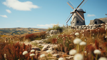 Amidst a picturesque landscape, a solitary windmill stands atop a hill, surrounded by swaying grass and colorful wildflowers, with the vast sky above and a wind farm in the distanceの素材