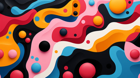 An explosion of vibrant hues dances amongst the darkness, swirling into a playful depiction of abstract art with cartoon-like graphics and a touch of whimsyの素材