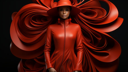 The striking contrast of a woman in a vibrant red dress and hat against the cold, stone statue creates a powerful statement about the intersection of human expression and artistic representationの素材