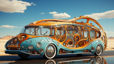 A striking motor vehicle stands out against the desert landscape, its wheel inspired by the clouds in the skyの素材