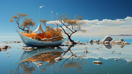 A majestic boat glides effortlessly across the tranquil waters, its reflection mirroring the vast sky and picturesque landscape of the serene lakeの素材