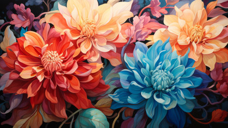 Vibrant petals burst with life in a stunning still life painting of a diverse group of annual plants, evoking a sense of beauty and growthの素材