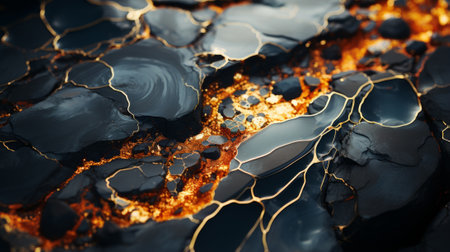 A shimmering reflection of fiery heat dances atop the abstract surface of a black and gold rock, its golden veins resembling flickering flames amidst the cool water belowの素材
