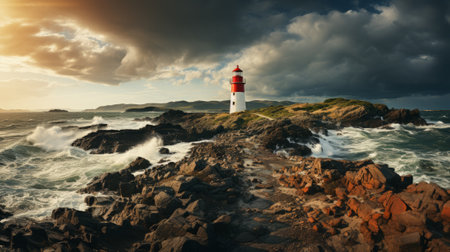 A solitary lighthouse stands tall against the tumultuous ocean, its beacon guiding lost souls through the rocky shores under a fiery red skyの素材