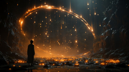A lone figure bathed in the dazzling light of a firework-lit sky, standing in front of an ethereal arch, mesmerized by the vibrant colors of the nightの素材
