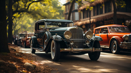 A vintage car rests on the side of the road, its classic wheels blending in with the surrounding trees, a symbol of timeless transport and nostalgic beautyの素材