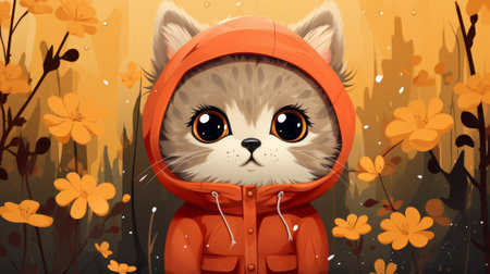 A whimsical cartoon cat wearing a vibrant orange hoodie sits among a field of flowers, creating a cozy and charming indoor art sceneの素材