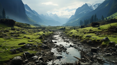 A picturesque valley nestled between majestic mountains, adorned with lush greenery and a tranquil stream flowing through, creating a serene and breathtaking natural landscapeの素材