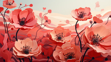 A vibrant bouquet of pink poppies dances in a whimsical outdoor painting, each petal a delicate stroke of artistryの素材