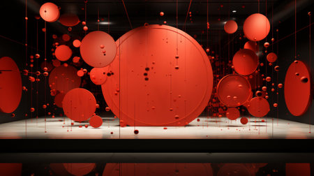 A mesmerizing display of vibrant spheres cascading from above, creating a striking contrast against the indoor setting, evoking a sense of artistic wonder and intrigueの素材