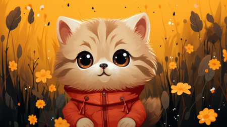 A whimsical cartoon cat donning a vibrant red coat poses among delicate indoor flowers, exuding a playful and charming auraの素材