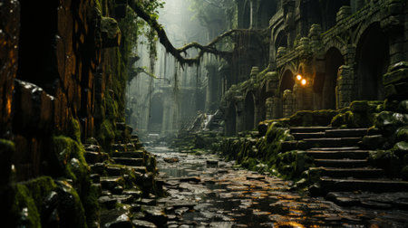 A rustic stone structure nestled in a lush forest, enveloped by fog and adorned with climbing vines and moss, beckoning one to explore the tranquil outdoor oasisの素材