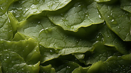 Vibrant green leaves glisten with dew, showcasing the natural beauty and life-giving moisture of a thriving vegetable plantの素材