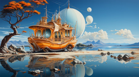 A picturesque landscape painting captures a boat floating peacefully on the reflection of a serene lake, under the vast and colorful sky, surrounded by the transport of watercraftの素材
