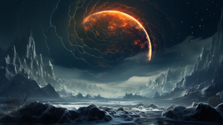 Nature's majesty is on full display as a vibrant orange planet hovers over a serene mountain landscape, bridging the gap between outer space and our own planet earthの素材
