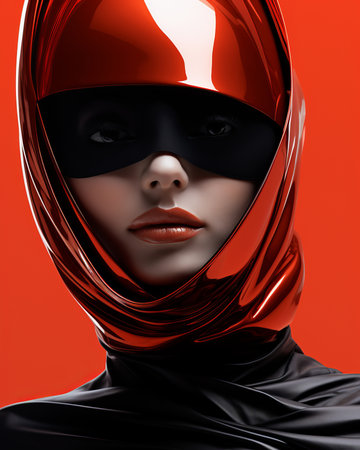 An enigmatic woman conceals her true identity behind a fiery red mask and a dark, mysterious mask, leaving the viewer intrigued and curious about the layers of her personalityの素材