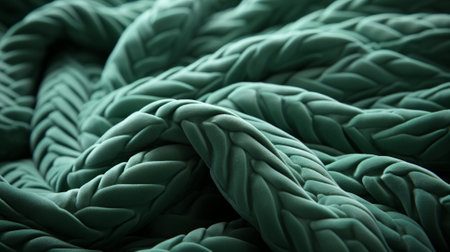 The intricate braided pattern of the green fabric evokes a sense of comfort and warmth, making it the perfect addition to any cozy bedの素材