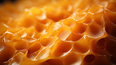 A vibrant burst of golden hues encapsulate the intricate beauty of a honeycomb, highlighted by the soft glow of an orange sunsetの素材