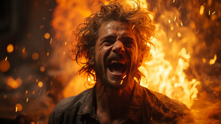As the flames danced in front of him, the man's open mouth captured both the intense heat and the overwhelming awe of the fire's powerの素材