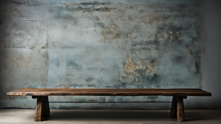 A solitary wooden bench stands before a decaying wall, a forgotten piece of furniture in an abandoned indoor spaceの素材
