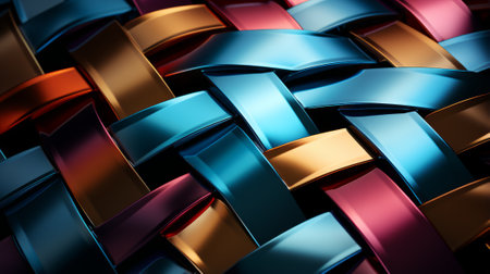 Macro shot revealing an intricate pattern in a woven metal surface. Various colored stripes intertwine to form a visually captivating designの素材