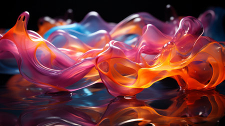 An explosion of vibrant hues and intricate patterns dances upon the glossy canvas, illuminating the room with a kaleidoscope of abstract beautyの素材
