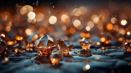 A tranquil lake reflects the sparkling light of a group of glistening diamonds, creating a mesmerizing scene of natural beauty and serenityの素材