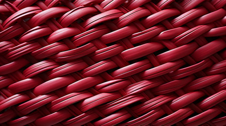 A vibrant red fabric intricately weaves through the wicker, adding a pop of color to the rustic charm of the woven basketの素材