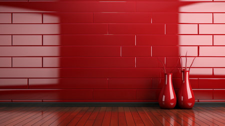 A vibrant red vase stands out against the sleek red tile wall, adding a pop of color to the otherwise neutral indoor spaceの素材
