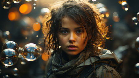 A girl with a fresh face and wet hair adorned with bubbles, standing outdoors in her flowing clothing, embodies a sense of playful innocence and freedomの素材