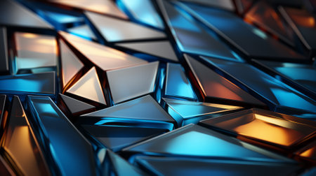 A mesmerizing display of color and shape, this abstract glass triangle captures the essence of modern art with its vibrant blue and orange hues and alluring play of lightの素材
