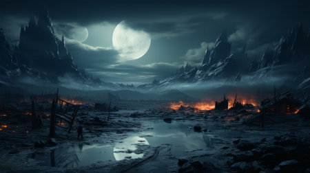 A serene winter night under a starlit sky, where the mountains meet the moon and the snow-covered landscape glows in its ethereal lightの素材