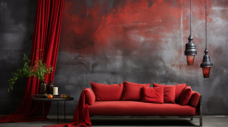 A cozy studio couch in vibrant red, adorned with elegant curtains and accompanied by a stylish loveseat and vase, creates a warm and inviting atmosphere in this beautifully designed indoor spaceの素材