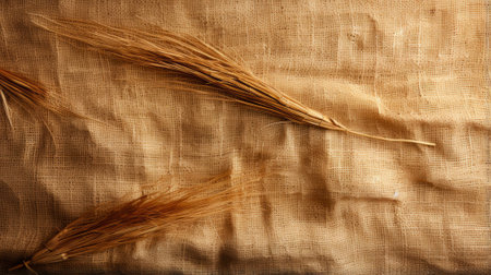 Rustic grains of golden wheat rest upon a textured burlap, evoking a warm and earthy aestheticの素材