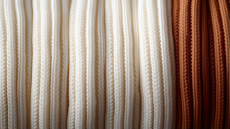 A cozy indoor scene captured in the intricate folds of a curtain made from soft, woven ropes of knitted fabricの素材