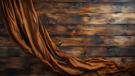 A rustic plank table is adorned with a rich brown cloth, adding warmth and charm to the indoor setting, while a billowing curtain invites a sense of cozy comfortの素材
