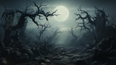 Amidst the foggy forest, a lone tree stands under the watchful gaze of the glowing moon in the vast sky, painting a serene and mystical landscapeの素材