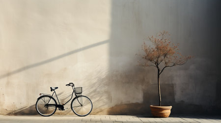 A solitary bicycle rests against a vibrant flowerpot-adorned wall, its two wheels symbolizing both the freedom and limitations of land transportationの素材